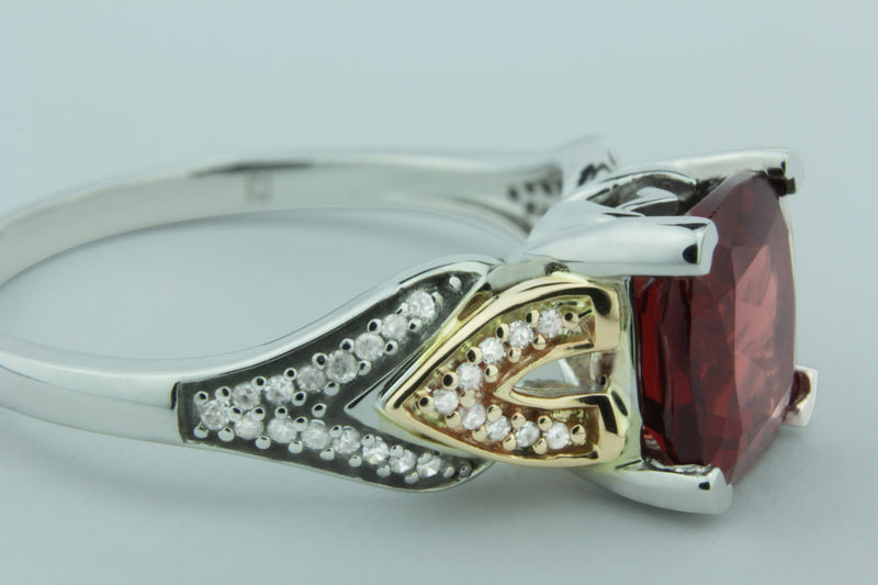 Elegant Garnet Cushion Gemstone Ring With Brilliant 1/10 cttw Diamonds In Classic 10K Rose & White Gold Setting