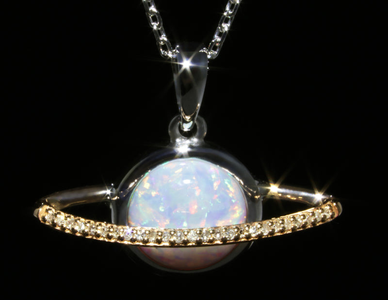 Gorgeous Created Opal Sphere, Planet, Orb, Ringed By Brilliant Diamonds (1/20cttw), Very Trendy, 10K Gold Pendant