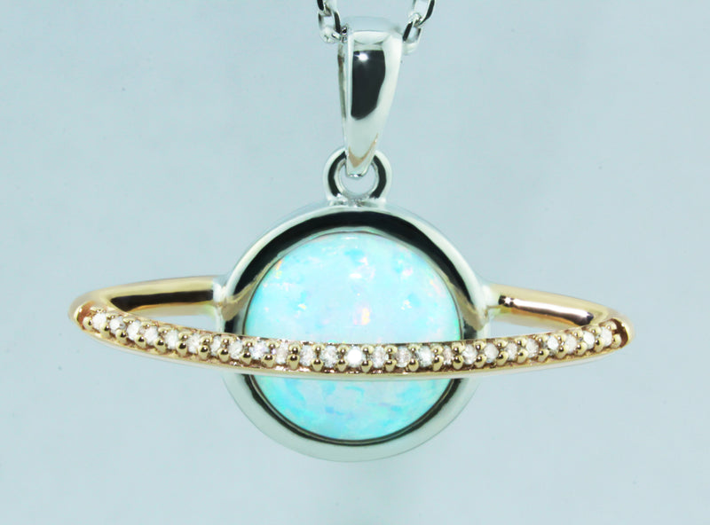 Gorgeous Created Opal Sphere, Planet, Orb, Ringed By Brilliant Diamonds (1/20cttw), Very Trendy, 10K Gold Pendant