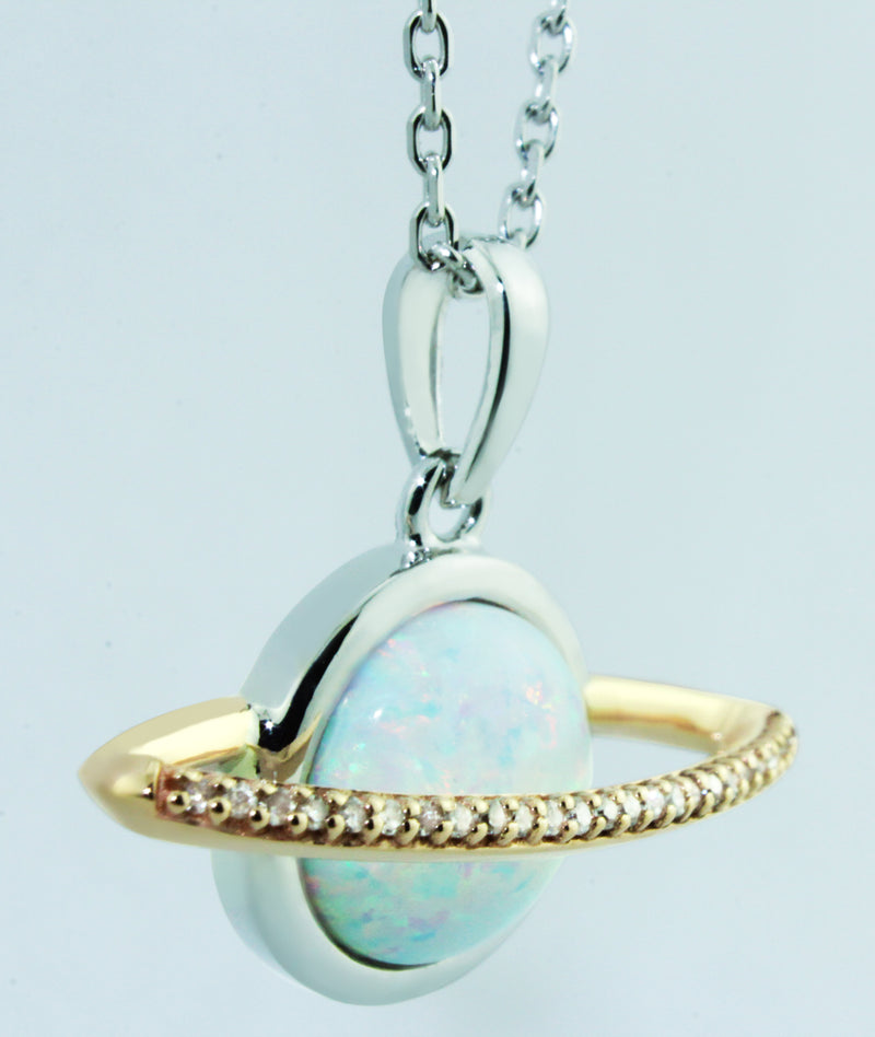 Gorgeous Created Opal Sphere, Planet, Orb, Ringed By Brilliant Diamonds (1/20cttw), Very Trendy, 10K Gold Pendant