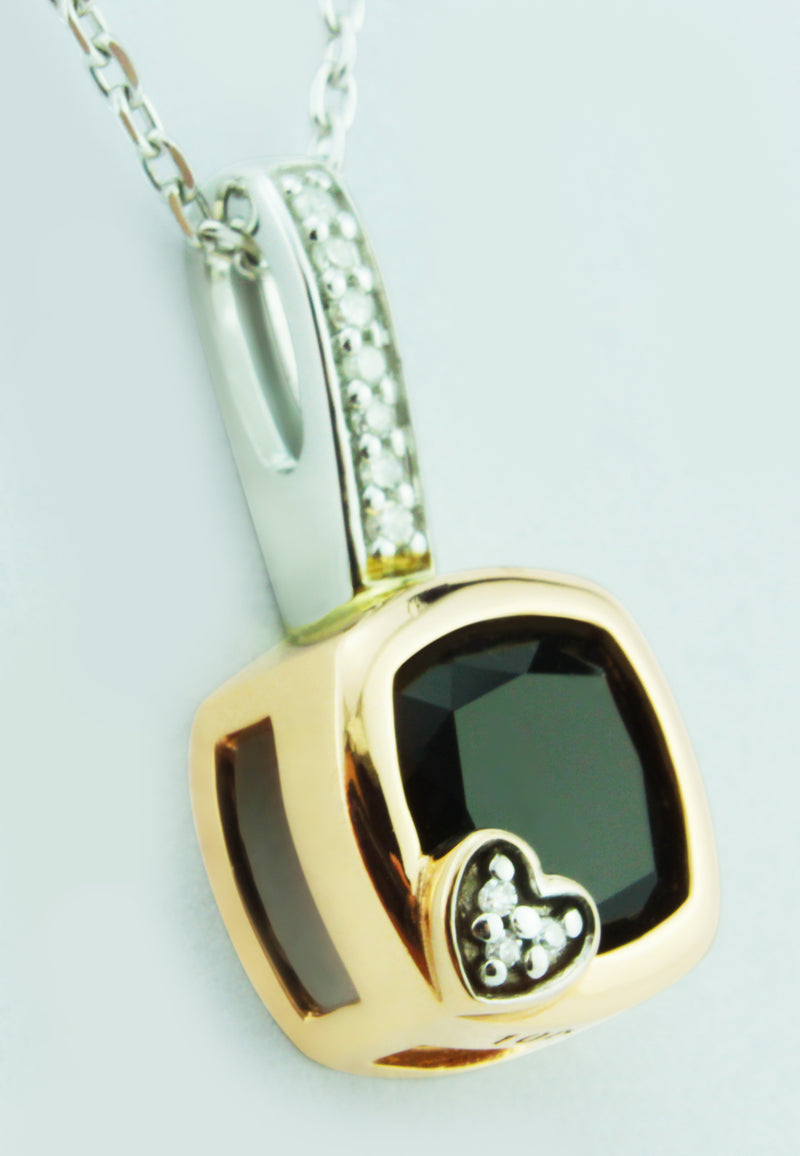 Elegant Onyx Cushion Gemstone With 1/20cttw Brilliant Diamonds In A Wonderful 10K Rose (Pink) And White Gold Setting