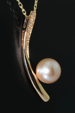 Artisan Designed Diamond & Freshwater Pearl Pendant In 10K Rose (Pink) Gold, Pearl Gives Off Lovely Pink Glow