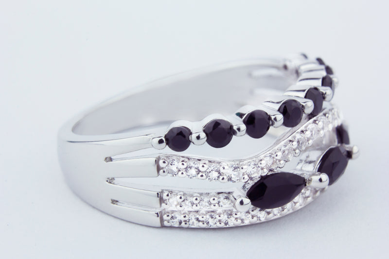 Stunning Onyx and White Topaz Statement Ring in 925 Sterling Silver with 60 gems!