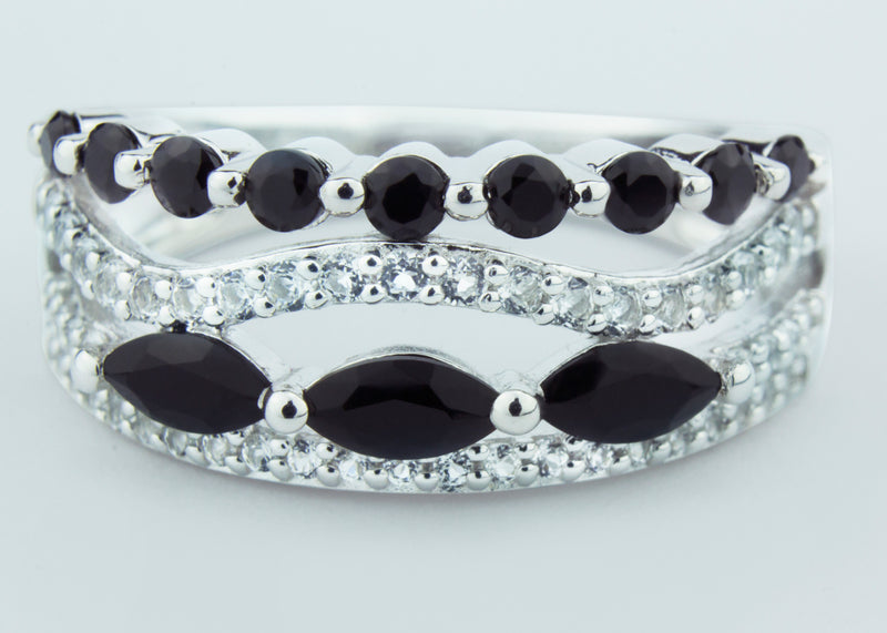 Stunning Onyx and White Topaz Statement Ring in 925 Sterling Silver with 60 gems!