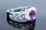 Sparkling Oval Amethyst Gemstone and 1/15 cttw Diamond Ring &  In 925 Sterling Silver, With Heart Design And 32 Diamonds