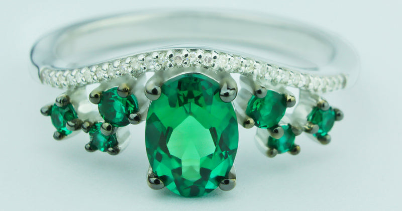 Luxurious Created Emerald Gemstone And 1/20 cttw Diamond Ring in 925 Sterling Silver Featuring 27 Diamonds