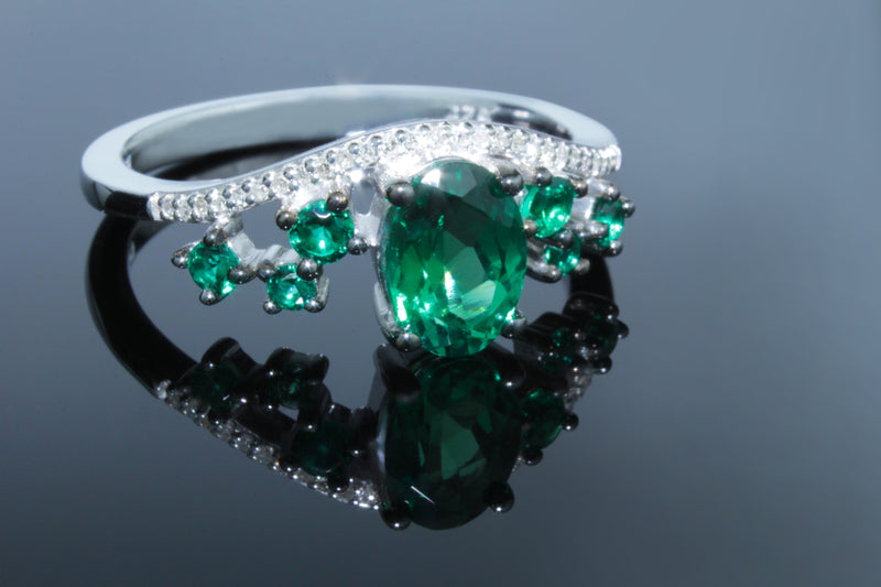 Luxurious Created Emerald Gemstone And 1/20 cttw Diamond Ring in 925 Sterling Silver Featuring 27 Diamonds