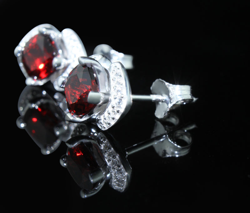 6mm Cushion Cut Garnet Gemstone Earrings Featuring White Sapphires, 925 Sterling Silver Post Earrings