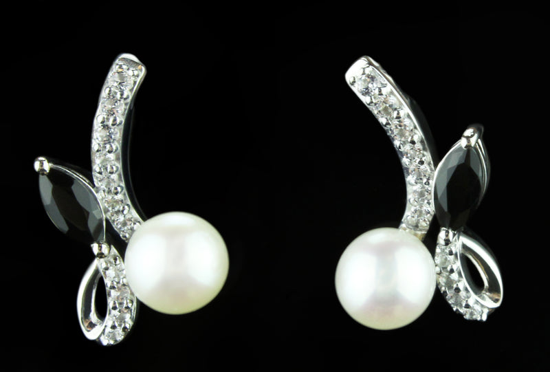 White Topaz, Onyx & Freshwater Pearl Earrings in 925 Sterling Silver Post Earrings