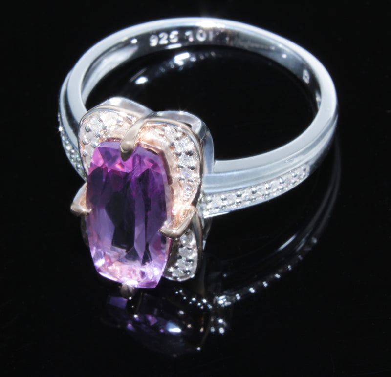 Breathtaking Pink Amethyst Ring With 34 Sparkling Diamonds (1/8 carat) set in Sterling Silver (925) and 10K Rose (Pink) Gold