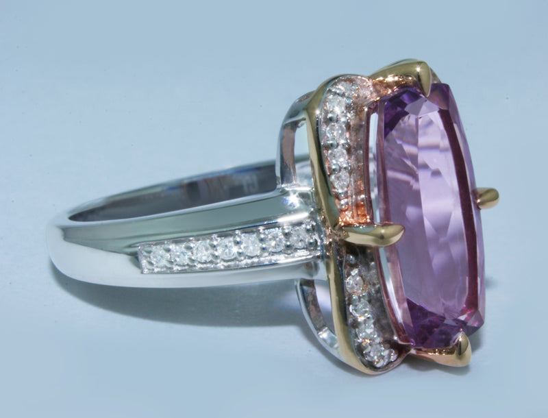 Breathtaking Pink Amethyst Ring With 34 Sparkling Diamonds (1/8 carat) set in Sterling Silver (925) and 10K Rose (Pink) Gold