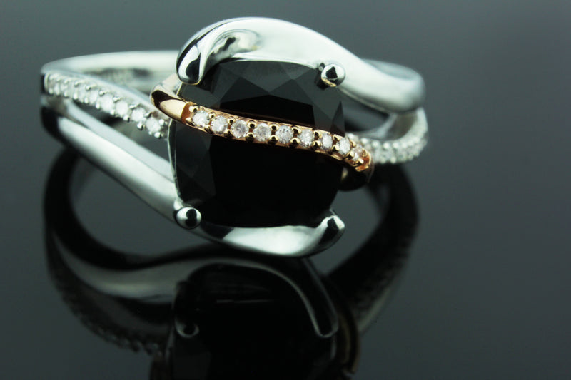 Classic 1/15 cttw Diamond & Onyx Ring With 10K Rose Gold and 925 Sterling Silver.