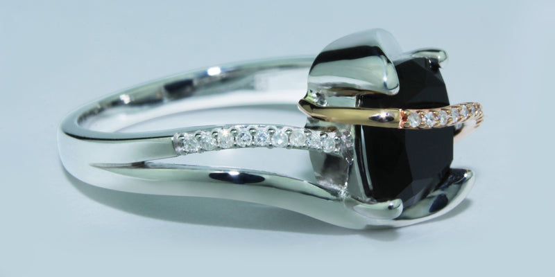 Classic 1/15 cttw Diamond & Onyx Ring With 10K Rose Gold and 925 Sterling Silver.